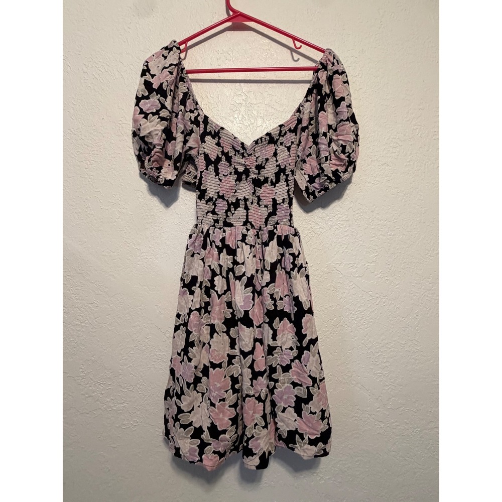 Saltwater Luxe Floral Smocked Puff Sleeve Mini Dress Black Pink Purple M S3241
